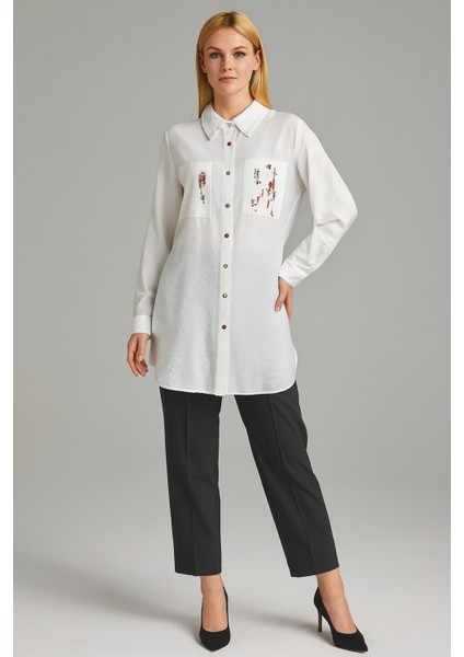 2226 Tunik Önden Düğmeli Önü Taş Detaylı Gömlek Tunik Qys Tunik 2226