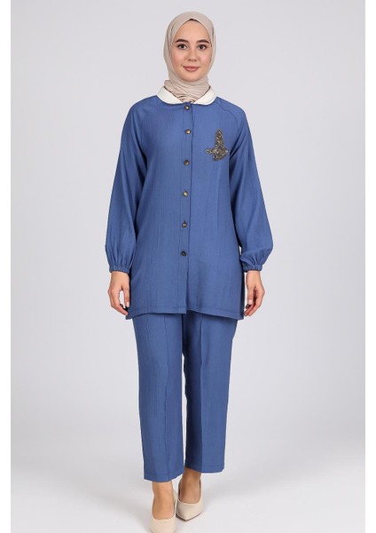 2052 Yaka Kısmı Lastikli Önü Boydan Düğmeli Önden Göğüs Kısmı Taş Detaylı Kol Ucu Lastikli Pantolonun Beli Lastikli Spor Şık Ikili Takım #05-25#