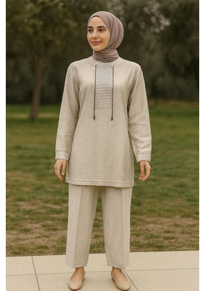 2040 Yakası Sıfır Yaka ve Ipli Kol Ucu ve Önü File Detaylı Etek Ucu Büzgülü Pantolonun Beli Lastikli Bol Paça Spor Ikili Takım #04-25#