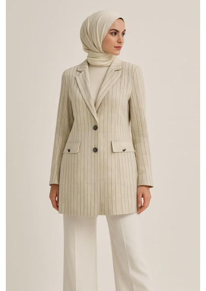 2068 Kruvaze Yaka Önü Düğmeli Önden Cepli Çizgi Desenli Keten Ceket #05-25#