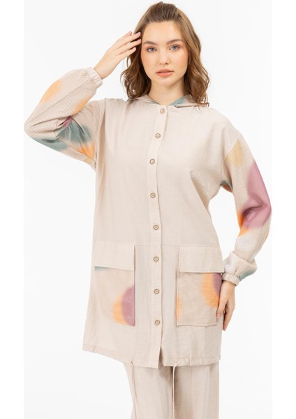 2051 Yakası Kapşonlu Önü Düğmeli Önü Cep Detaylı ve Kapişonu Fileli Pantolonun Beli Lastikli Ikili Takım #05-25# fırsatları