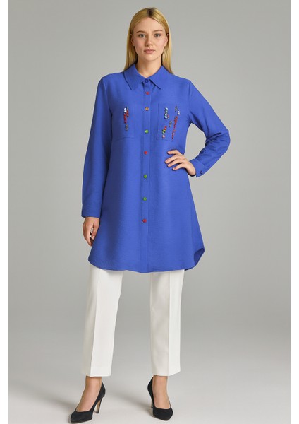 2226 Tunik Önden Düğmeli Önü Taş Detaylı Gömlek Tunik Qys Tunik 2226