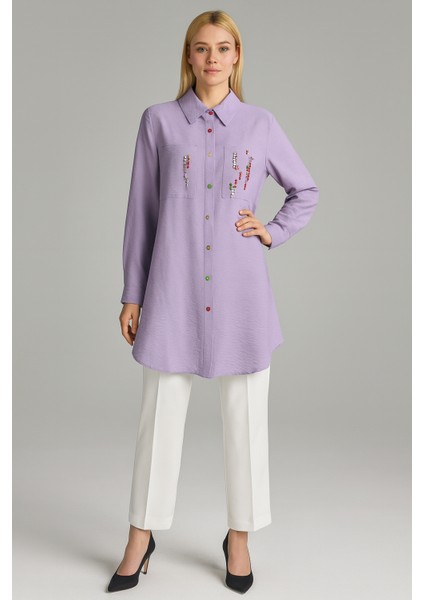 2226 Tunik Önden Düğmeli Önü Taş Detaylı Gömlek Tunik Qys Tunik 2226