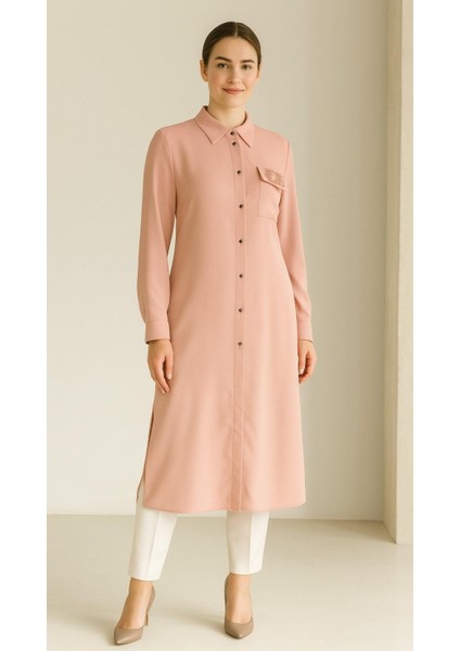 2092 Önü Düğmeli Cep Detayı Taşlı Beli Kuşaklı Gömlek Elbise Tunik #03-25#