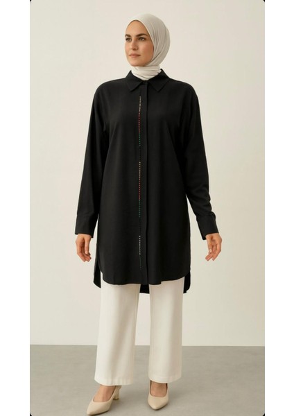 1521 Önü Gizli Düğmeli Kolu Manşetli Önü Renkli Boncuk Detaylı Günlük Gömlek Tunik #03-25#