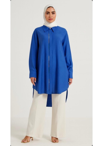 1521 Önü Gizli Düğmeli Kolu Manşetli Önü Renkli Boncuk Detaylı Günlük Gömlek Tunik #03-25#