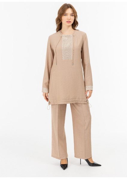 2040 Yakası Sıfır Yaka ve Ipli Kol Ucu ve Önü File Detaylı Etek Ucu Büzgülü Pantolonun Beli Lastikli Bol Paça Spor Ikili Takım #04-25#