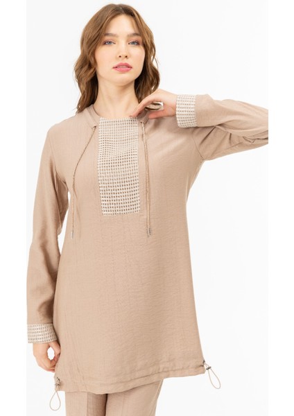 2040 Yakası Sıfır Yaka ve Ipli Kol Ucu ve Önü File Detaylı Etek Ucu Büzgülü Pantolonun Beli Lastikli Bol Paça Spor Ikili Takım #04-25# modelleri