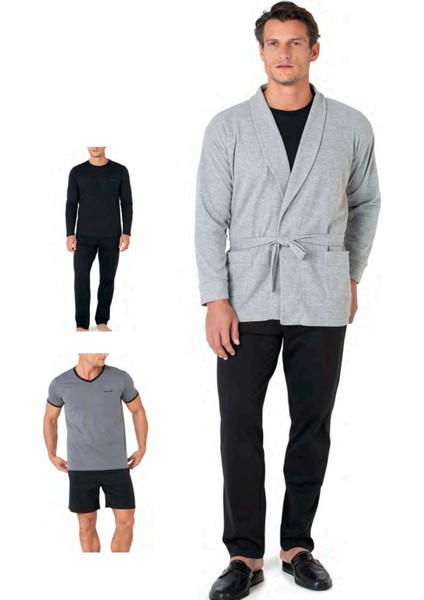 5640 Erkek Triko Sabahlıklı 5'li Pijama Takım-Gri