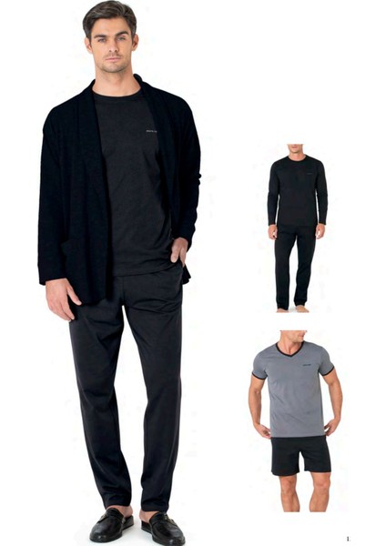 5640 Erkek Triko Sabahlıklı 5'li Pijama Takım-Siyah