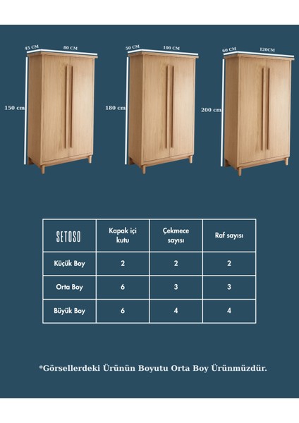 Modern Masif Meşe Orta Boy Dolap – 3 Çekmece, 2 Raf, 6 Kapak Içi Kutu