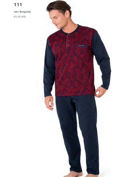 6111 Erkek Uzun Kollu Yakası Düğmeli Pijama Takım-Bordo