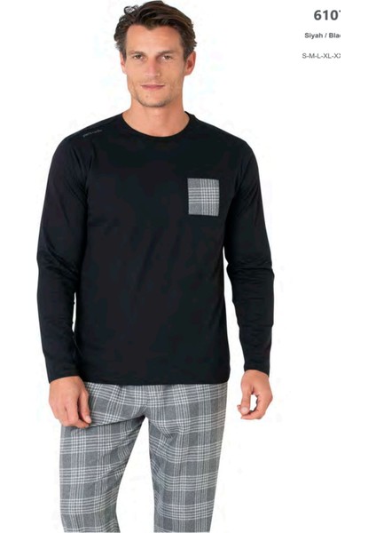 6107 Erkek Uzun Kollu Bisiklet Yaka Pijama Takımı-Siyah