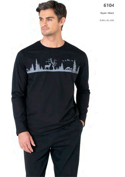 6104 Erkek Uzun Kollu Bisiklet Yaka Pijama Takımı-Siyah