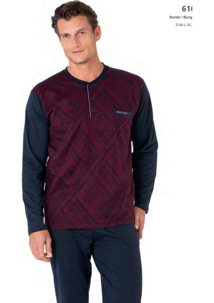 6108 Erkek Uzun Kollu Yakası Düğmeli Pijama Takım-Bordo