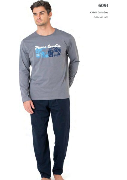 6096 Erkek Uzun Kollu Bisiklet Yaka Pijama Takımı-Gri