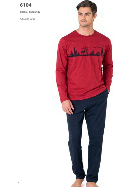 6104 Erkek Uzun Kollu Bisiklet Yaka Pijama Takımı-Bordo