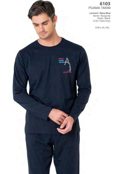 6103 Erkek Uzun Kollu Bisiklet Yaka Pijama Takımı-Lacivert