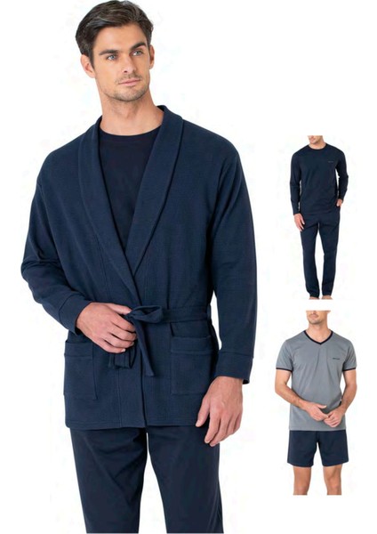 5640 Erkek Triko Sabahlıklı 5'li Pijama Takım-Lacivert