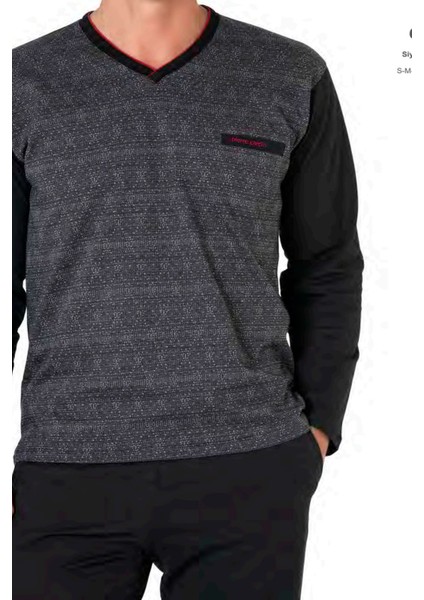 6110 Erkek Kuzun Kollu V Yaka Pijama Takımı-Siyah