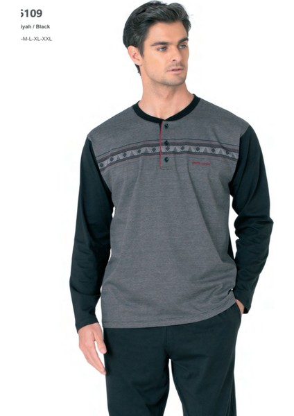 6109 Erkek Uzun Kollu Yakası Düğmeli Pijama Takım-Siyah