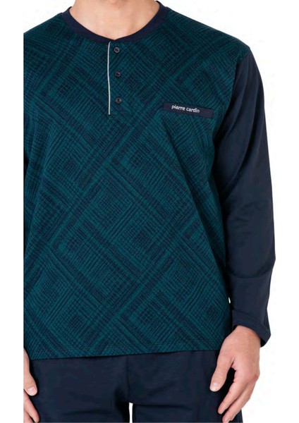 6108 Erkek Uzun Kollu Yakası Düğmeli Pijama Takım-Yeşil