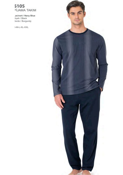 6105 Erkek Uzun Kollu Bisiklet Yaka Pijama Takımı-Lacivert