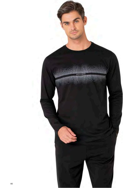 6102 Erkek Uzun Kollu Bisiklet Yaka Pijama Takımı-Siyah