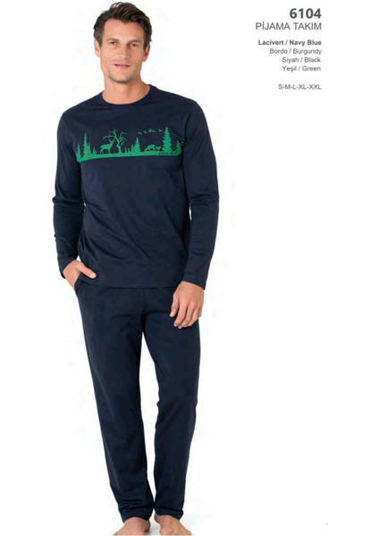 6104 Erkek Uzun Kollu Bisiklet Yaka Pijama Takımı-Lacivert