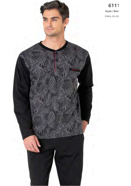 6111 Erkek Uzun Kollu Yakası Düğmeli Pijama Takım-Siyah
