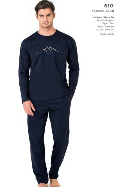 6101 Erkek Uzun Kollu Bisiklet Yaka Pijama Takımı-Lacivert