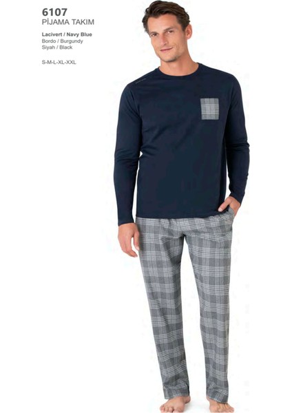 6107 Erkek Uzun Kollu Bisiklet Yaka Pijama Takımı-Lacivert
