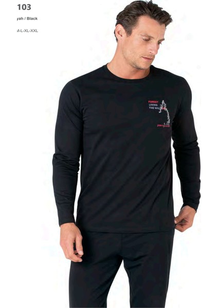 6103 Erkek Uzun Kollu Bisiklet Yaka Pijama Takımı-Siyah