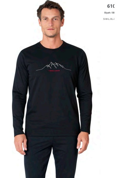 6101 Erkek Uzun Kollu Bisiklet Yaka Pijama Takımı-Siyah