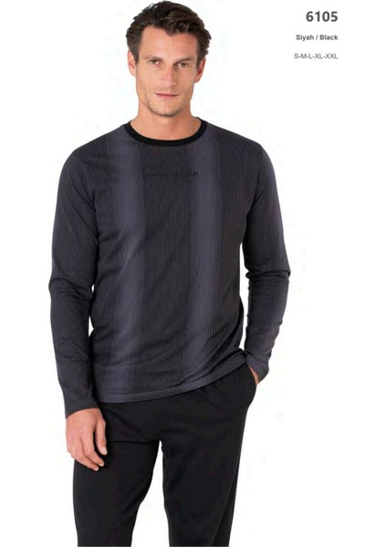 6105 Erkek Uzun Kollu Bisiklet Yaka Pijama Takımı-Siyah