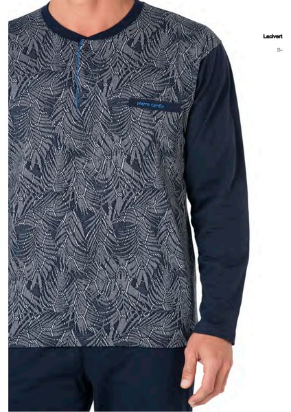 6111 Erkek Uzun Kollu Yakası Düğmeli Pijama Takım-Lacivert