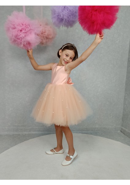 Kız Çocuk Ada Model Abiye Somon Etek Incili Elbise fiyatları