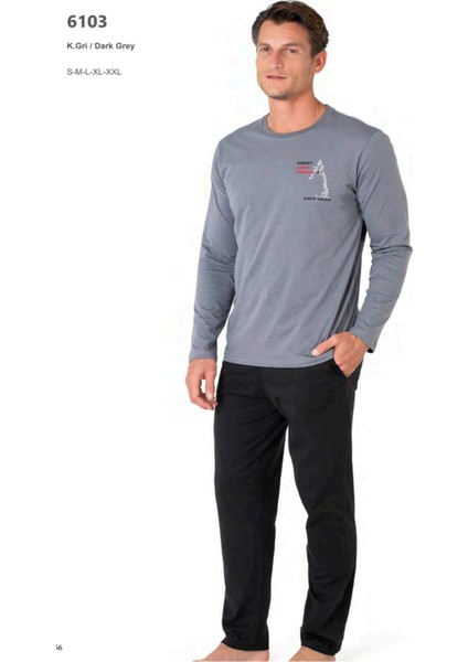 6103 Erkek Uzun Kollu Bisiklet Yaka Pijama Takımı-Gri