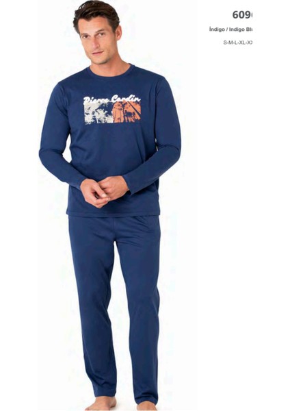 6096 Erkek Uzun Kollu Bisiklet Yaka Pijama Takımı-Indigo
