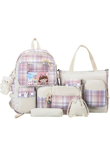 5pcs Ekose Backpack Okulu Öğrenci Kitap Çantaları Günlük Günlük Çanak Çantası Omuz Drawstring Torba Kalemi Kızlar Için Kılıf Seti Kadındaş: Mor Için (Yurt Dışından)