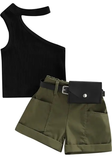 1-5 Yıl Bebek Kız Gündelik Set Tankları Üstler + Şort + Bel Çanta Cepleri Dekorasyon Gündelik Stil Kızlar Yaz Giyim Seti Renk: Siyah/çocuk Boyutu: 4t (Yurt Dışından)