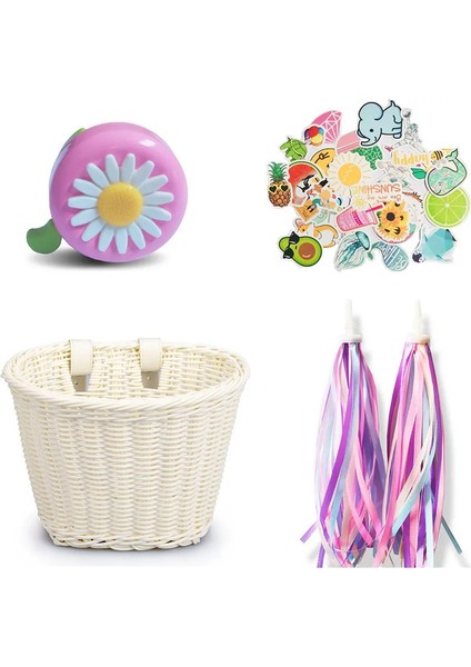 4pcs/set Pe Rattan Hasır Bisiklet Ön Sepet+Çan+Püskül+Sticker Bisiklet Ön Sepet Elle Dokuma Çocuk Bisiklet Sepeti Renk: Beyaz 2 (Yurt Dışından)