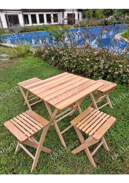 Katlanır Kamp Piknik Ahşap 4 Tabureli Masa Seti