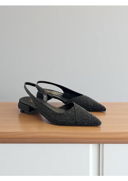 1253 Siyah Fantezi Parlak Taşlı Tam Ortopedik Casual Kadın Topuklu Ayakkabı