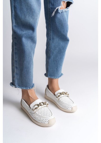 Jet-Layla Bağcıksız Ortopedik Rahat Taban Kalp Desenli Kadın Babet Ayakkabı Ckt - Beyaz