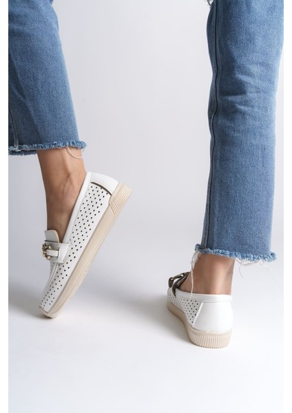 Jet-Layla Bağcıksız Ortopedik Rahat Taban Kalp Desenli Kadın Babet Ayakkabı Ckt - Beyaz modelleri