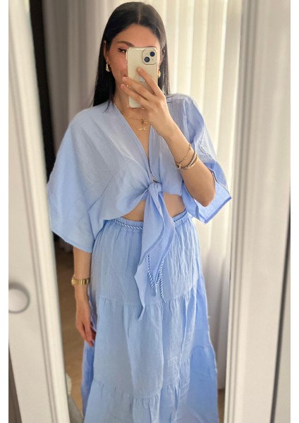 Marina Kadın Mavi Müslin Bağlamalı Bluz & Etek Takım – Rahat Yazlık Kombin fiyatları