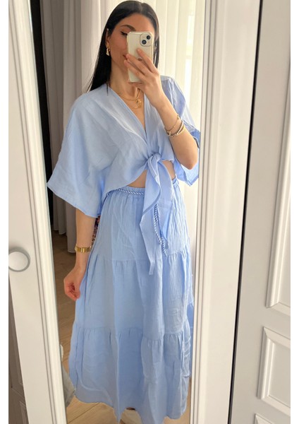 Marina Kadın Mavi Müslin Bağlamalı Bluz & Etek Takım – Rahat Yazlık Kombin modelleri