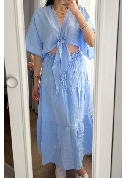 Marina Kadın Mavi Müslin Bağlamalı Bluz & Etek Takım – Rahat Yazlık Kombin fırsatları