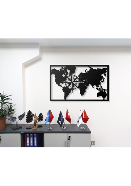 Geometrik Pusula Tasarımlı Dünya Haritası Temalı Dekoratif Modern Metal Duvar Tablosu fiyatları